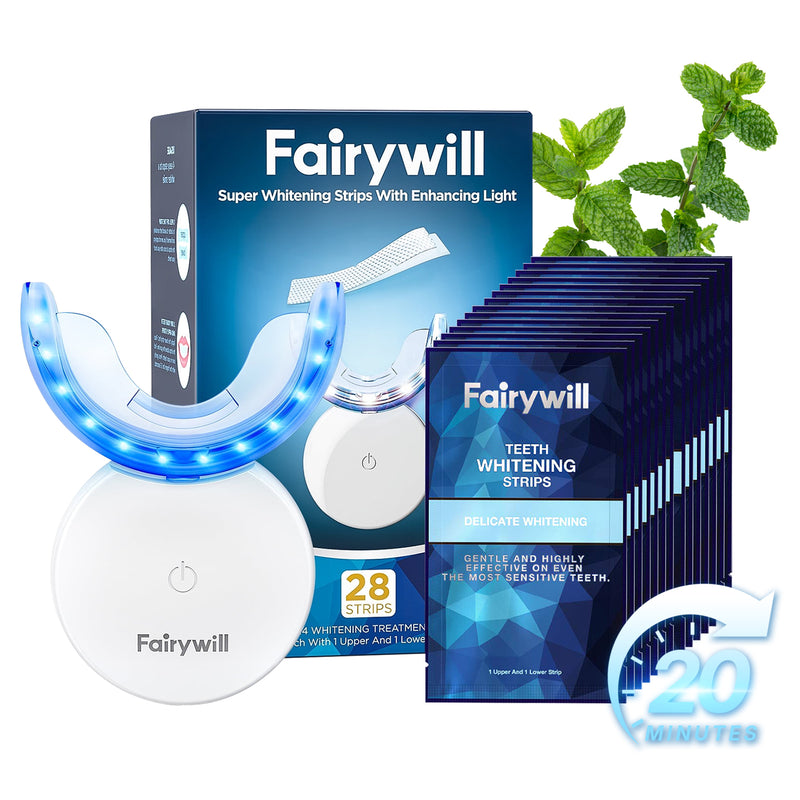 Fairywill Portable Teeth Whitening Kit, LED Blue Light and 28 White Strips for Sensitive Teeth, Rechargeable Teeth Whitener Case