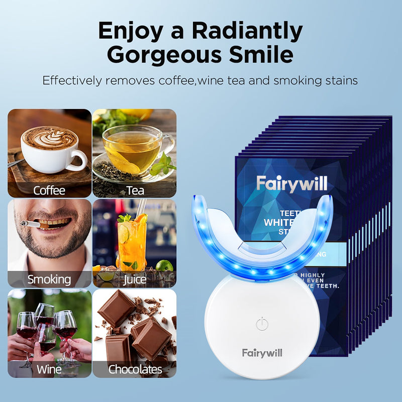 Fairywill Portable Teeth Whitening Kit, LED Blue Light and 28 White Strips for Sensitive Teeth, Rechargeable Teeth Whitener Case