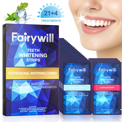 Fairywill Teeth Whiteing Strip Kits,21 Strips for Sensitive and 4 Super Whitenings, 50pcs Strips Available 25 Treatments,Effective Removes Stains, Non-Slip Whiter Gentle and Safe