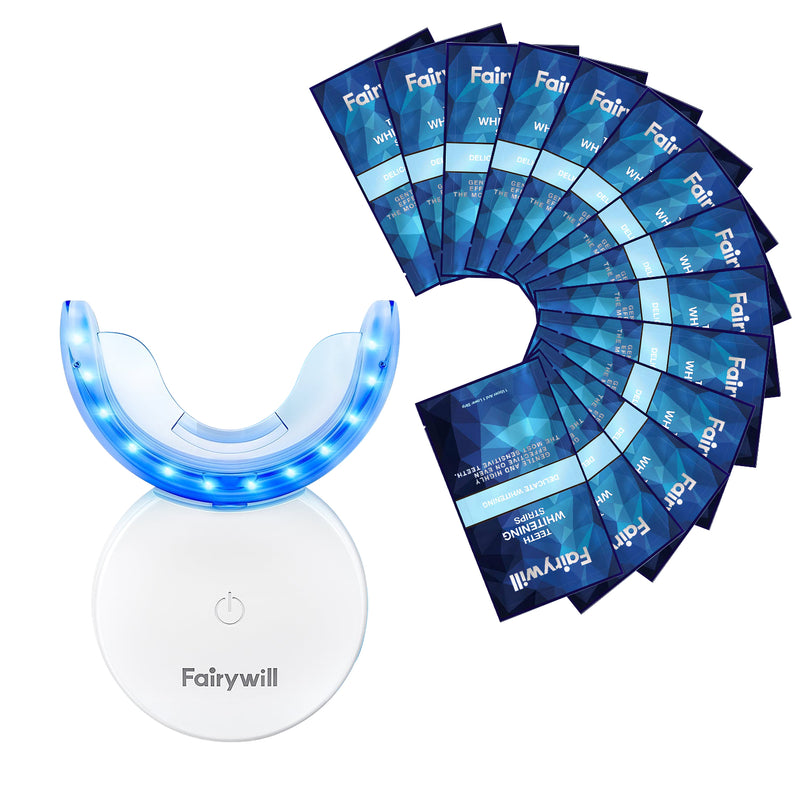 Fairywill Portable Teeth Whitening Kit, LED Blue Light and 28 White Strips for Sensitive Teeth, Rechargeable Teeth Whitener Case