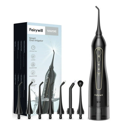 Fairywill Cordless Water Flosser, Dental Oral Irrigator Teeth Cleaner with 300ML 8 Jet Tips Portable and Rechargeable IPX7 Waterproof 3 Modes , Electric Flosser for Travel & Home Black